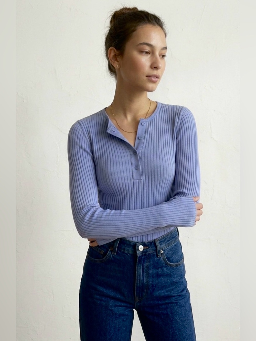 CLOSED Luxury Ribbed Knit Henley Top Dusty Blue Long Sleeve Button Size XXS